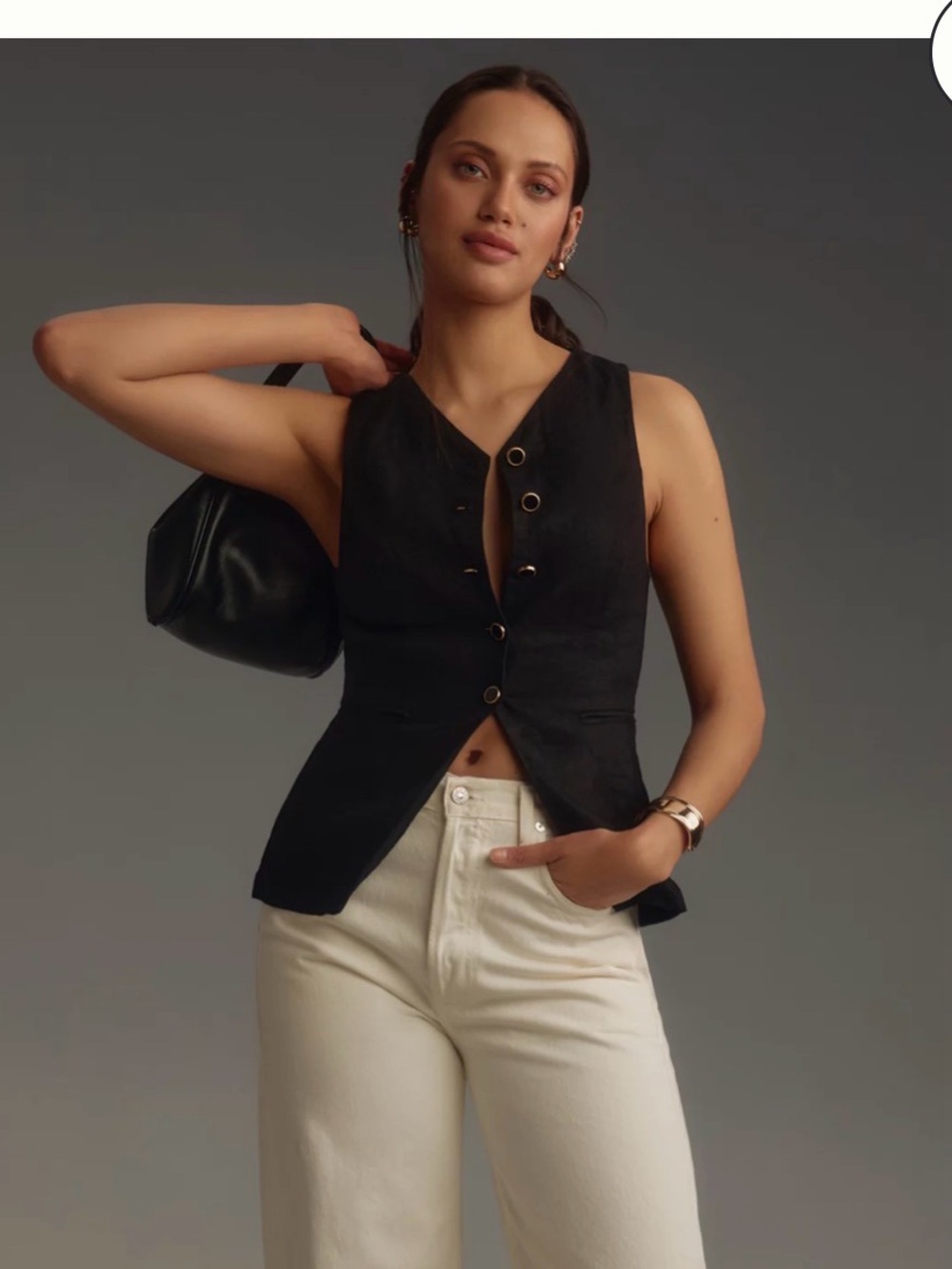 Reformation Aspen linen Black Tailored Sleeveless Vest with Gold Buttons - Picture 6 of 7